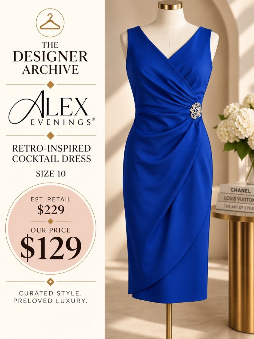 Alex Evenings Cobalt Blue Retro Draped Cocktail Dress Size 10